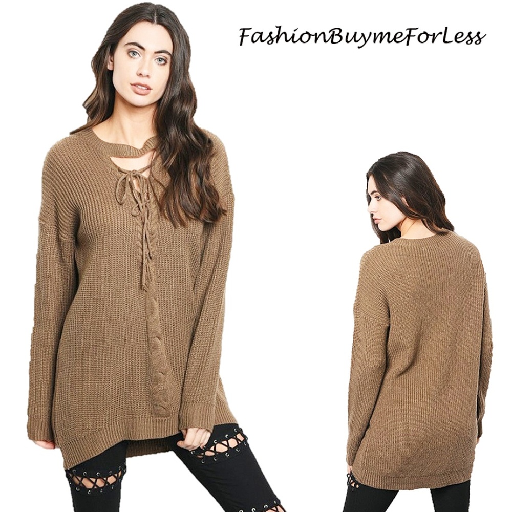 Brown Lace Up Criss Cross Tie Eyelet Sweater Top